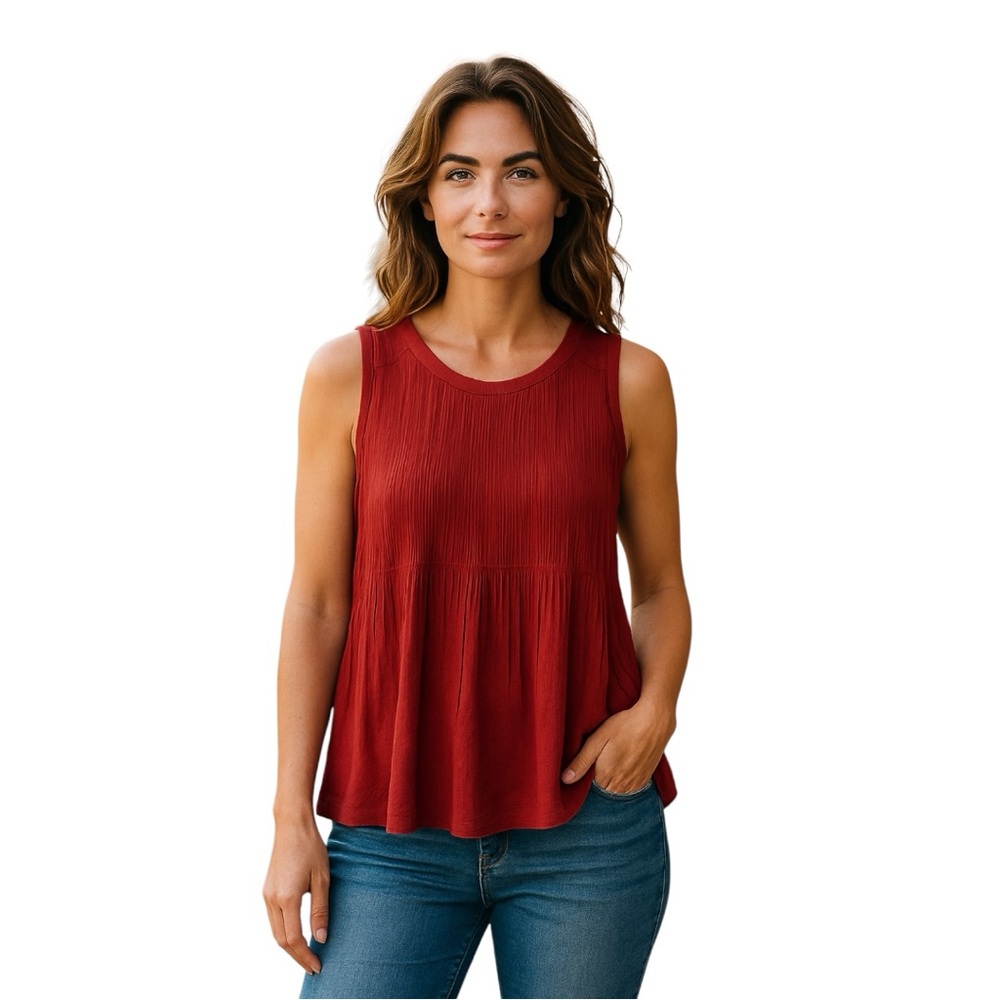 Loft Red Sheer Pleated Tank top blouse size XS Lose Flowy Summer Lined Layer
